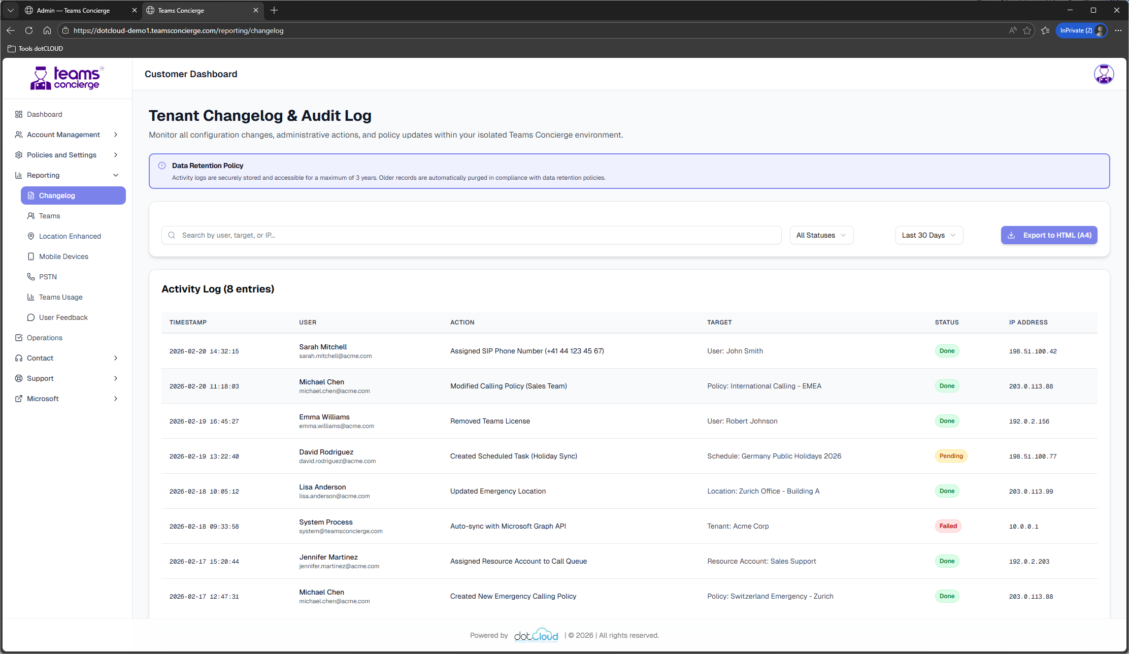 Audit log showing user activity timeline